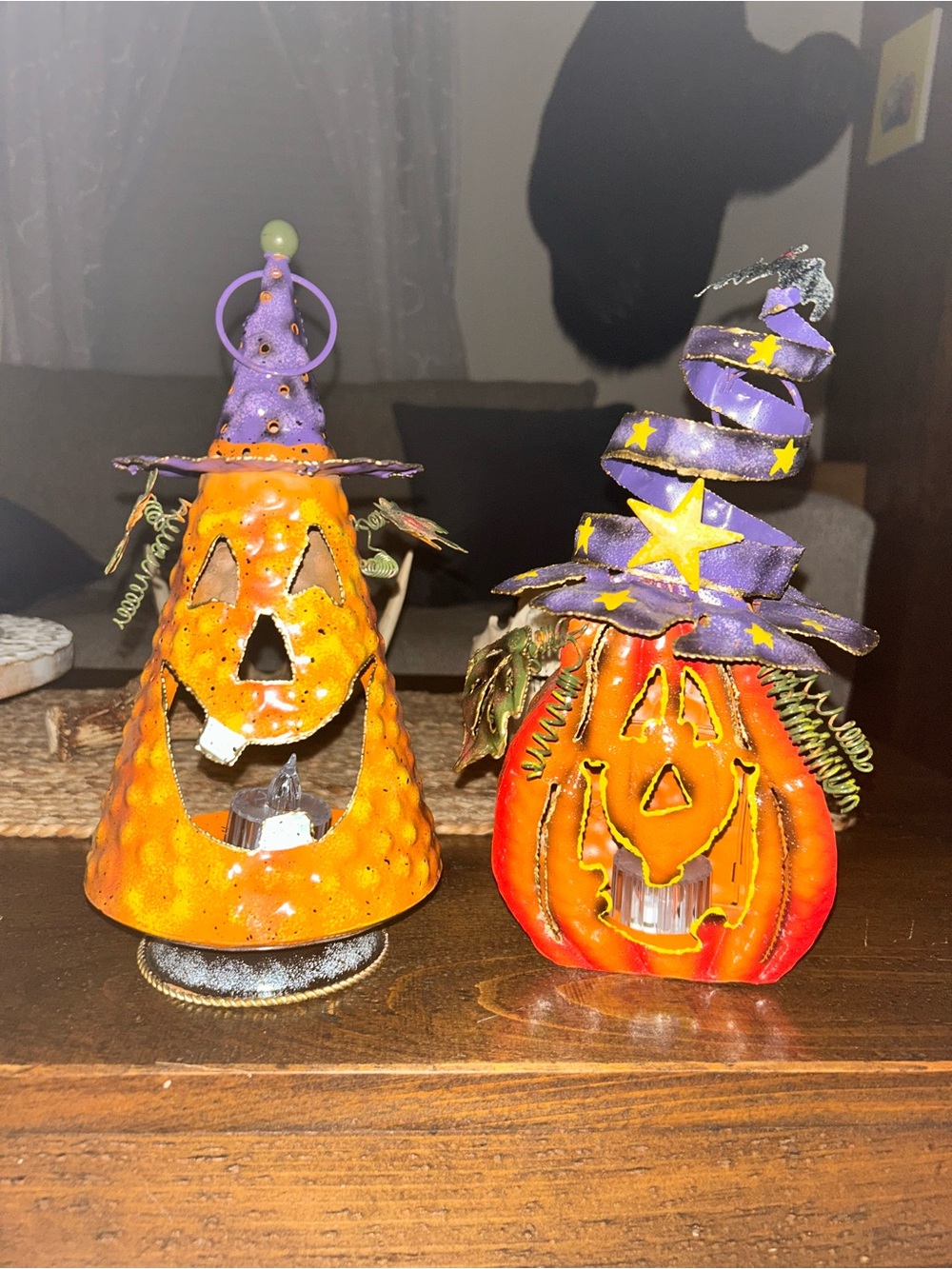 Vtg whimsical metal jack-o'-lantern’s tea light lanterns, Witch And Pumpkin